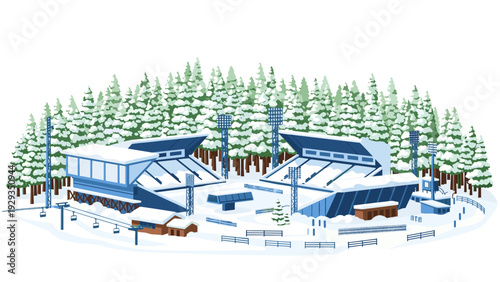 snow covered ski stadium with empty stands hand drawn winter sports venue surrounded by pine trees