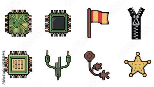 pixel art electronic chips flag zipper plugs and sheriff star icons set hand drawn digital illustration