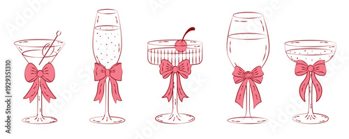 Coquette cocktails and drinks set in hand drawn vintage doodle style. Whimsical and elegant glasses with ribbon and bow for wedding party.