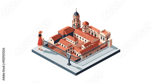 isometric woman observing historical architecture model in minimalistic vector style