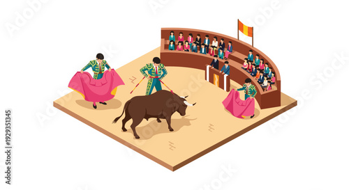 isometric bullfighting scene with matadors and audience in arena illustration