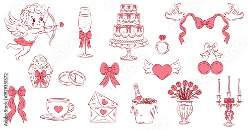 Coquette wedding set in hand drawn vintage doodle style. Whimsical and elegant wedding elements. Save the date.