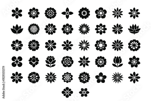 Seamless vector set of black and white floral elements and snowflake ornaments featuring winter flower silhouettes and Christmas decoration shapes for pattern design