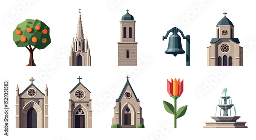 set of hand drawn medieval church buildings icons with tree flower bell and fountain design elements
