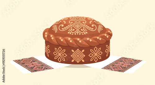 traditional round loaf bread with cultural patterns in flat design on patterned cloth
