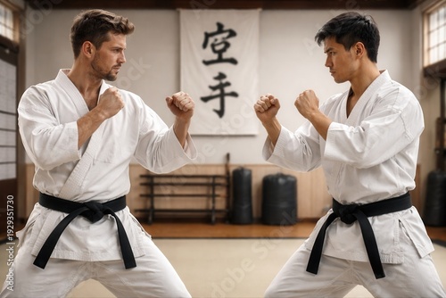 Two men practicing karate in fighting stance