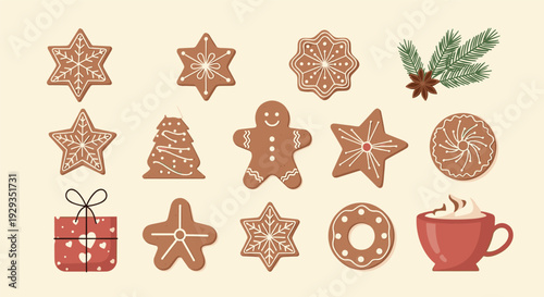 gingerbread cookies assortment with hot chocolate cup and christmas gift hand drawn festive holiday collection