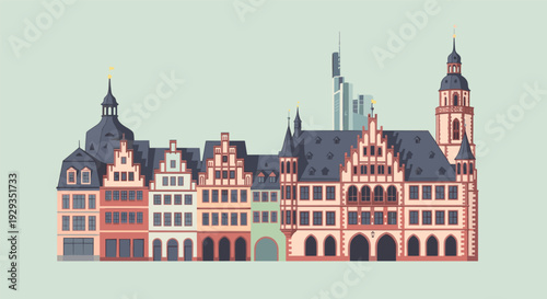 classic european historic buildings cityscape vector illustration in flat design style