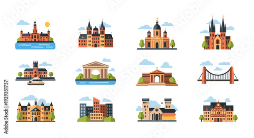 set of colorful hand drawn European architecture landmarks including castles churches bridges and modern buildings