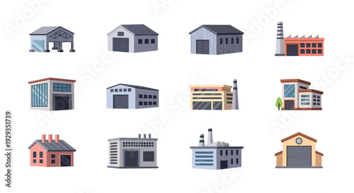 set of twelve hand drawn industrial and commercial building icons in flat style