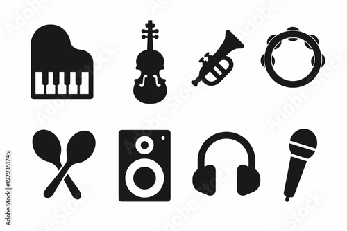 set of hand drawn black music icons with piano violin trumpet tambourine maracas speaker headphones and microphone