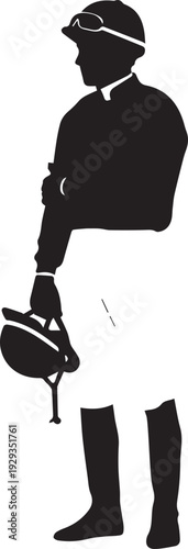 Black and white vector silhouette illustration of jockey standing with helmet line art