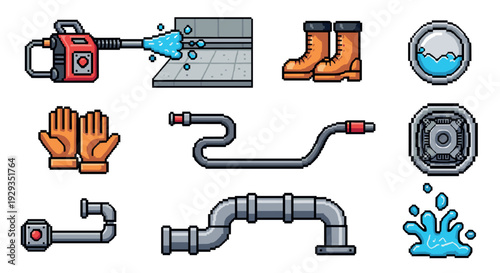 pixel art set of water pipe cleaning equipment and safety gear hand drawn collection