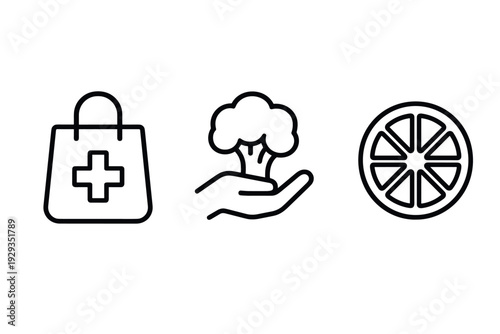 health and nutrition icons set with medical bag hand holding broccoli and citrus slice in hand drawn style