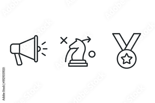 megaphone chess knight strategy and award medal line art icons set for business and achievement