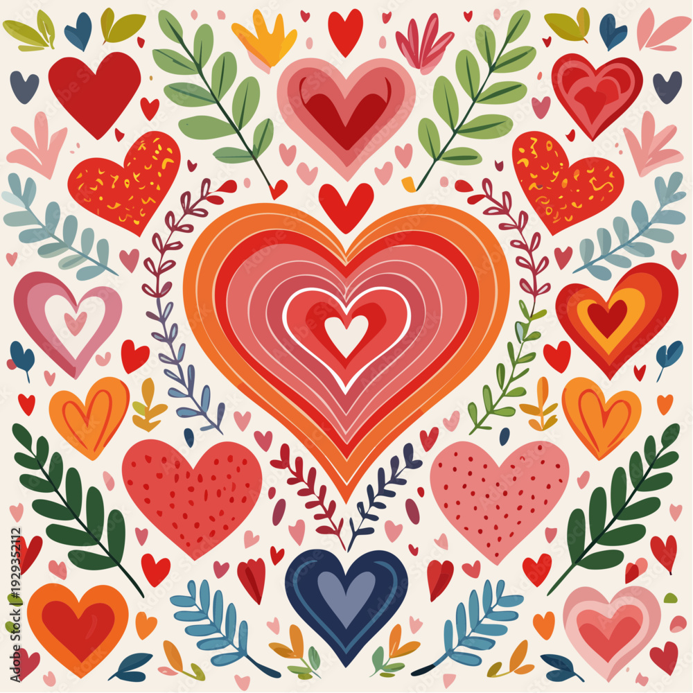 Obraz premium Vibrant heart illustrations with floral and leaf elements, perfect for Valentine's Day and romantic themes