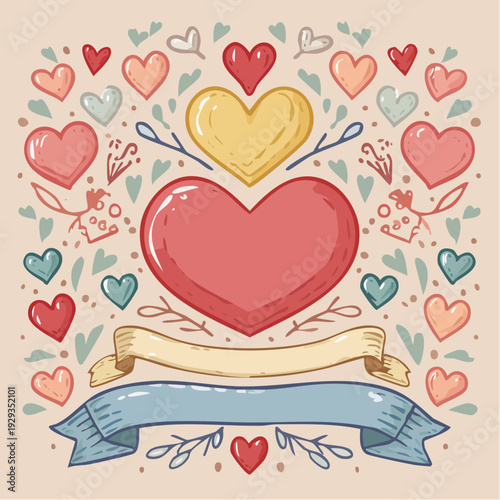 Whimsical Hand-Drawn Hearts and Banners for Romantic Celebrations and Valentine's Day Designs