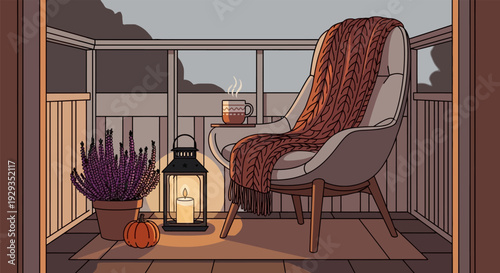 Cozy autumnal balcony with lantern and warm drinks.