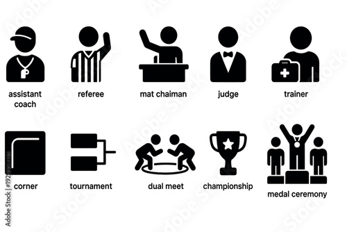 wrestling sports icon set with assistant coach referee judge trainer tournament and championship elements in black silhouette style