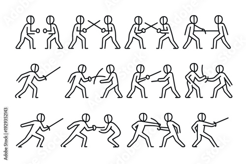 set of hand drawn fencing icons with fencers in different dueling positions and fighting stances
