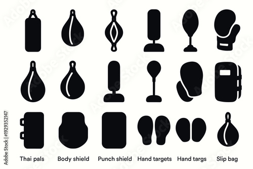 set of black boxing and martial arts equipment silhouettes hand drawn icons collection