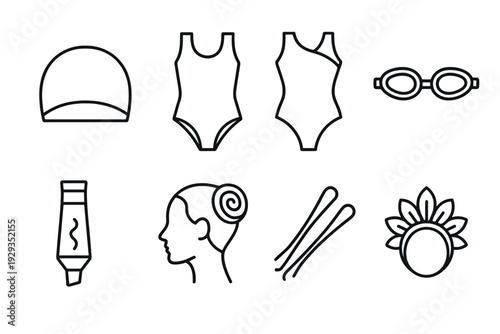 set of hand drawn swimming accessories and female swimmer icons in outline style