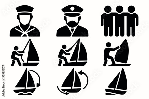 black silhouette icons pack of marine captain sailors people sailing boats and windsurfing in flat style