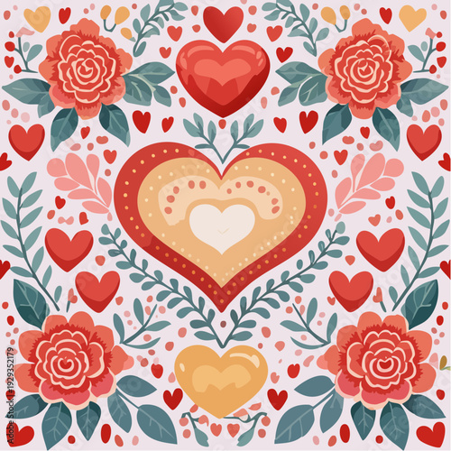 Vibrant folk art style illustration showcasing intertwined hearts and blooming roses, creating a beautiful romantic pattern perfect for celebrating love and affection