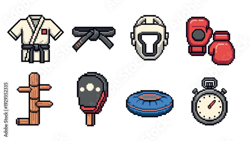 pixel art martial arts gear set including uniform belt headgear gloves wooden dummy paddle inflatable ring and stopwatch in hand drawn style
