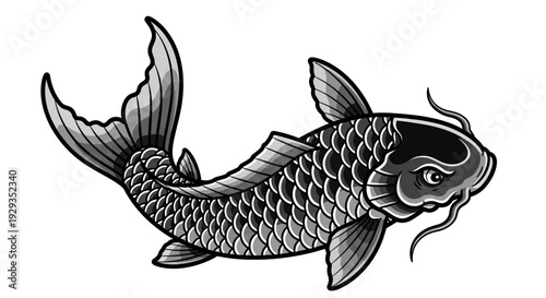 Black Koi Fish Tattoo Style Drawing Isolated on White