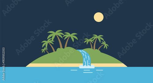 Tropical island with waterfall in serene nighttime scene with soft moonlight on flat design for travel brochure