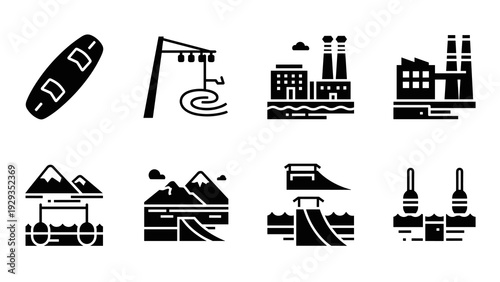 set of black industrial and nature landscape icons in solid style with factories mountains water and slides