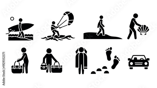 set of black beach holiday silhouette icons with people surfing walking collecting shells carrying bags relaxing footsteps and car in flat style