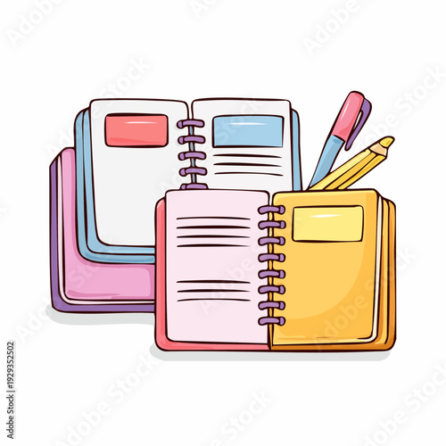 Hand-drawn illustration of open notebooks with colorful covers and pens, perfect for journaling, studying, or creative planning