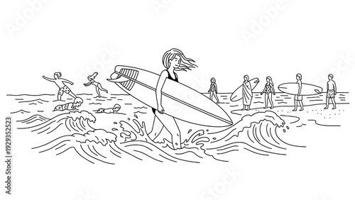 young woman walking with surfboard in ocean waves and people surfing at beach line art hand drawn illustration