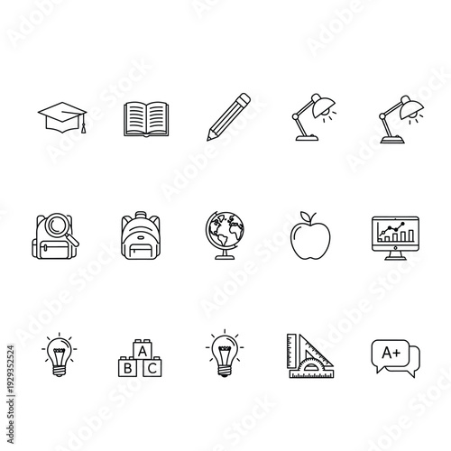 Educational icons set including graduation cap book pencil microscope and apple on a clean white background from a straightforward viewpoint