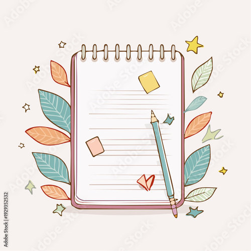 Whimsical Notebook and Pencil Illustration Adorned with Colorful Leaves, Perfect for Creative Journaling and Idea Generation