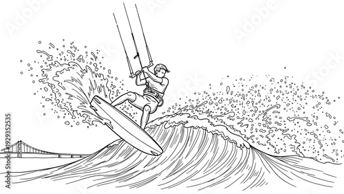 kitesurfer riding wave with splashing water in hand drawn line art style with bridge background