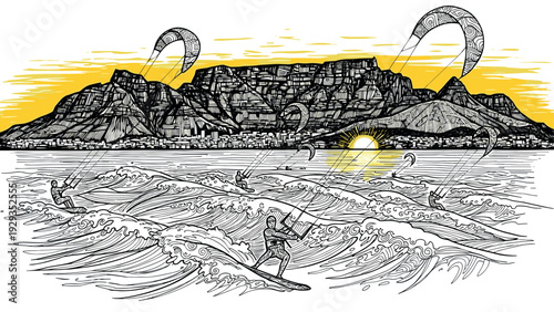 five kite surfers riding waves in front of hand drawn mountains with yellow sunset background