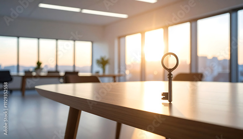 Single key placed in center of large empty table. Symbolic everyday object with psychological undertone