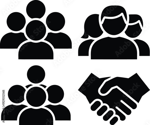 Four icons representing teamwork, collaboration, and handshake agreements