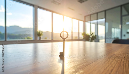 Single key placed in center of large empty table. Symbolic everyday object with psychological undertone