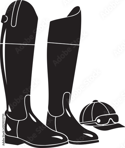Equestrian rider boots and jockey helmet illustration, black silhouette, clean line art