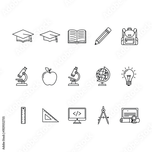 Collection of Educational Icons Representing Learning and School Supplies in a Simple Line Art Style
