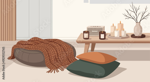 Cozy minimalist living room interior with pillows and blankets.
