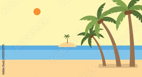 Tropical beach scene with palm trees in serene atmosphere with soft warm lighting on sandy texture for travel advertisement