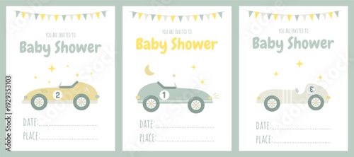 Set of invitations for a baby shower party with racing cars and garlands with flags