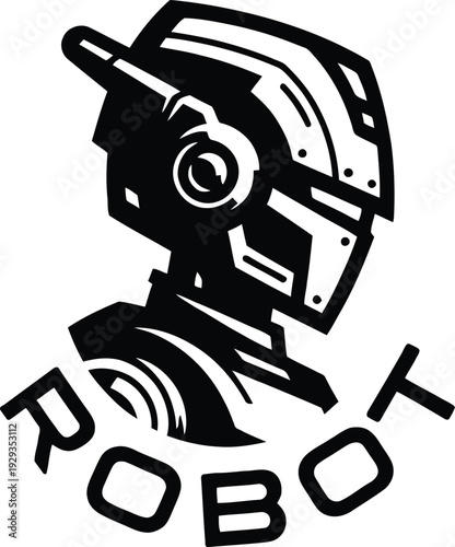 Robot head with futuristic design and word robot written below  isolated on transparent background