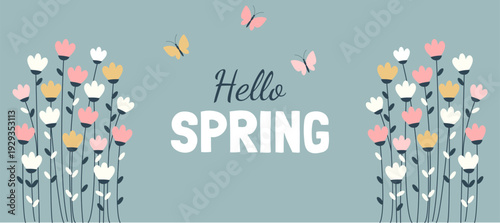 Banner Hello Spring with delicate simple flowers and butterflies