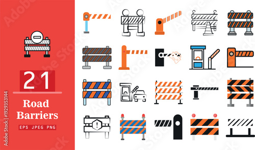Collection of road barriers and construction signs